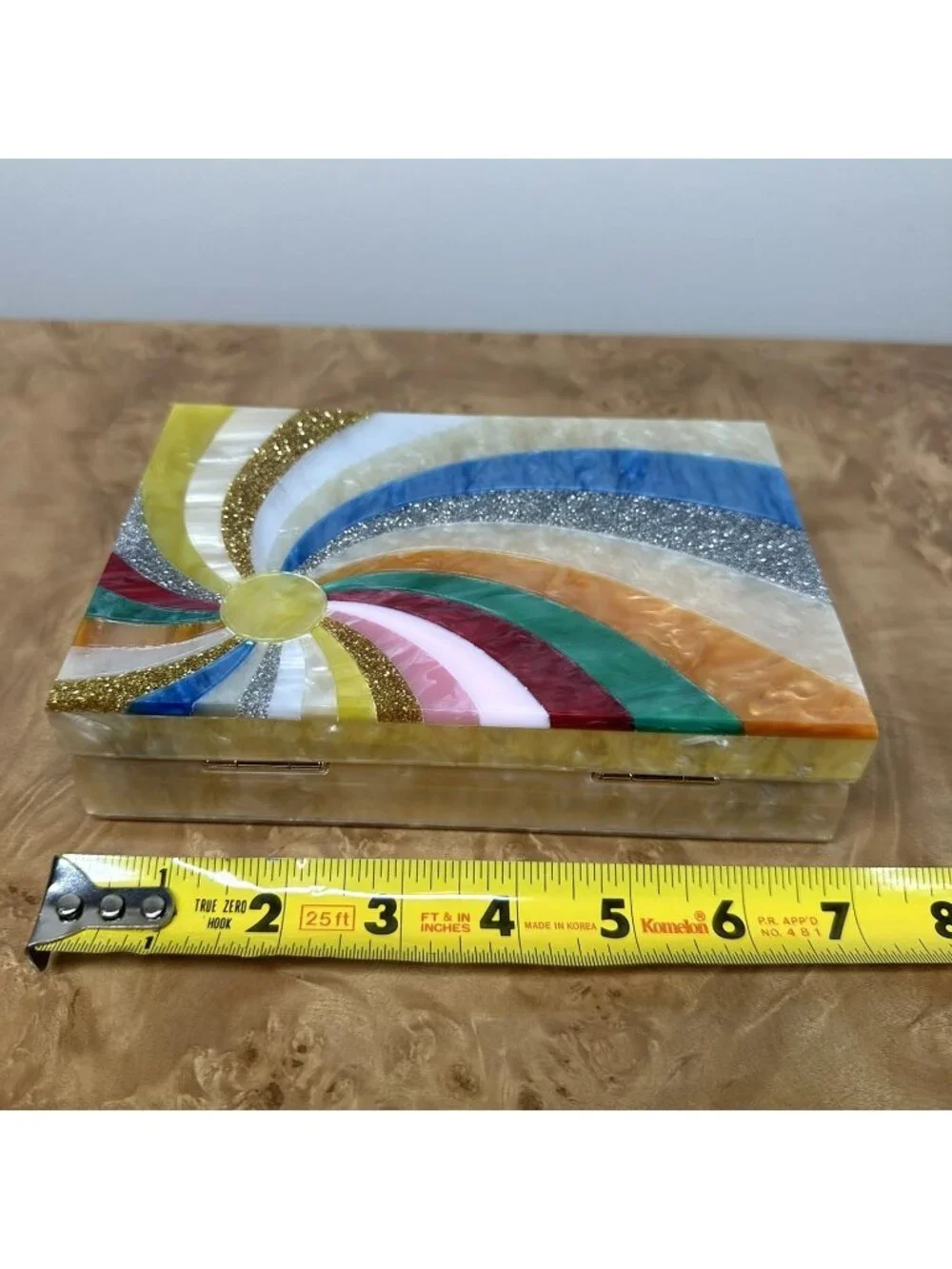 Rainbow Acrylic Box Clutch Multicolor Glitter Swirl Evening Bag Gold Chain